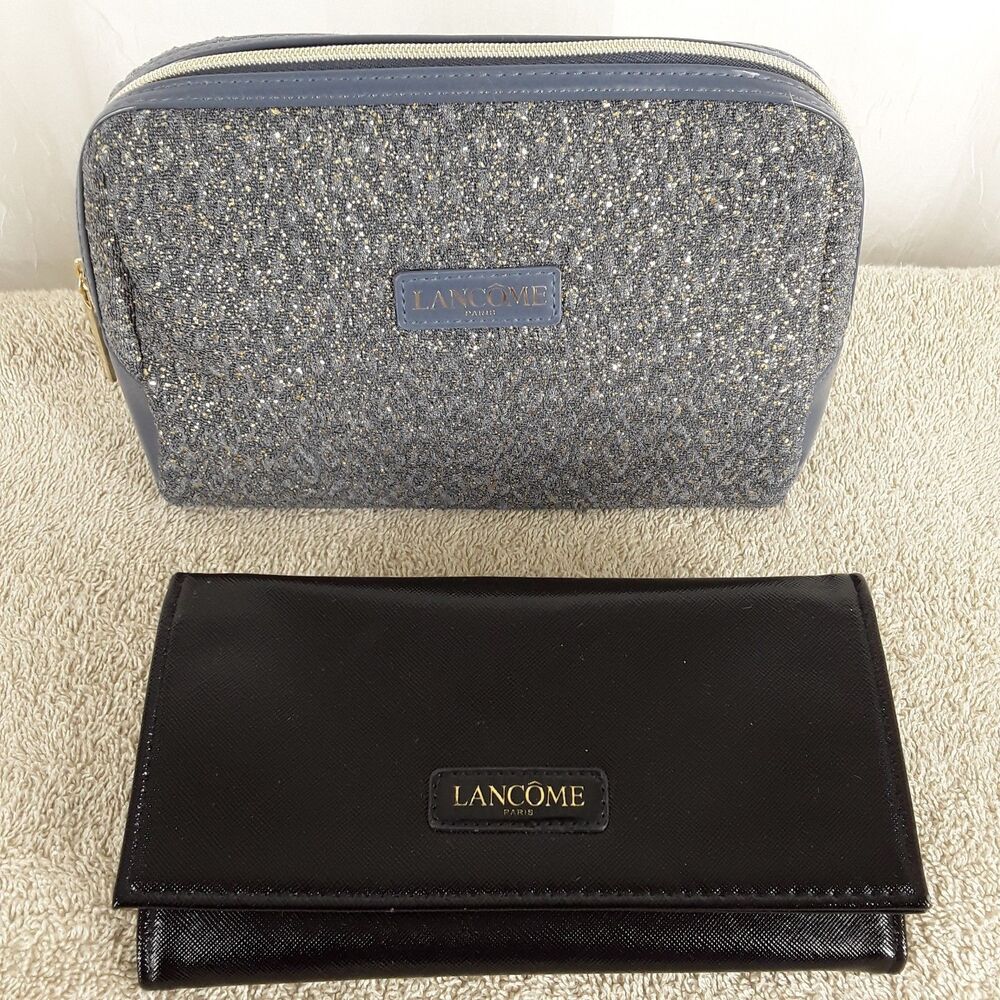 LANCOME Makeup Bag + Clutch, 9"x 6" Zippered Cosmetic Pouch, Gold on Blue, Black